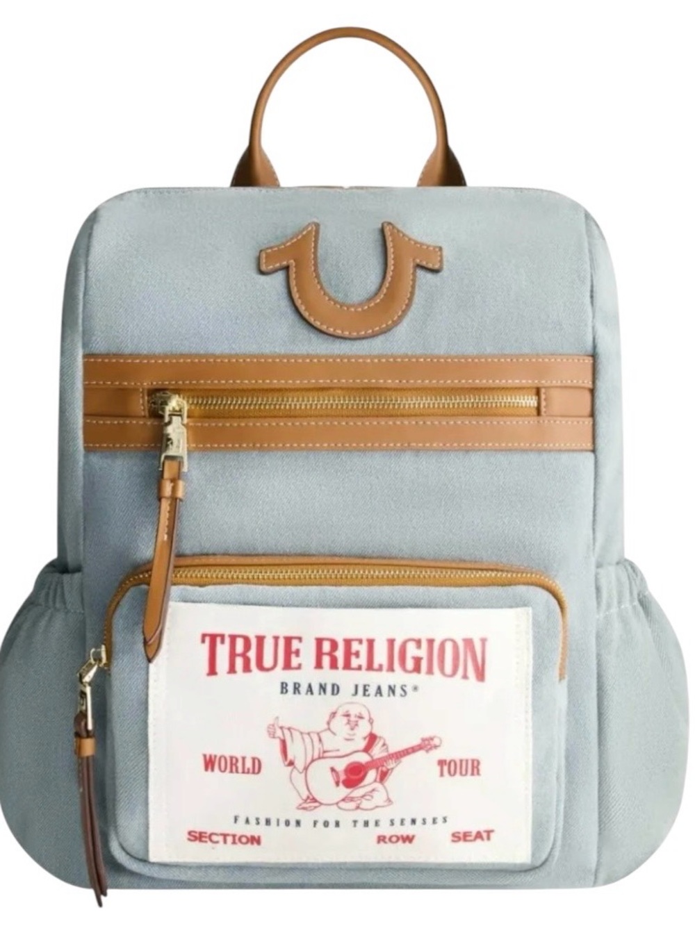 Backpack, Buddha Patch Bag with Horseshoe Logo and Zip Pocket Travel Bag, Denim